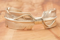 1" Wide Sterling Silver Feather Bracelet by Navajo Artist Chris Charley